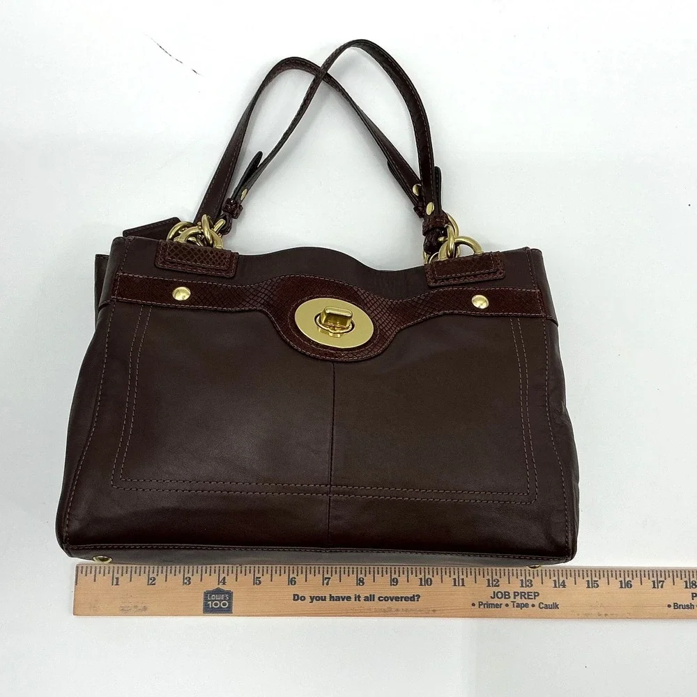 Coach Brown Leather Embossed Snakeskin Trim‎ Tote Shoulder Bag Purse Handbag - Picture 9 of 13